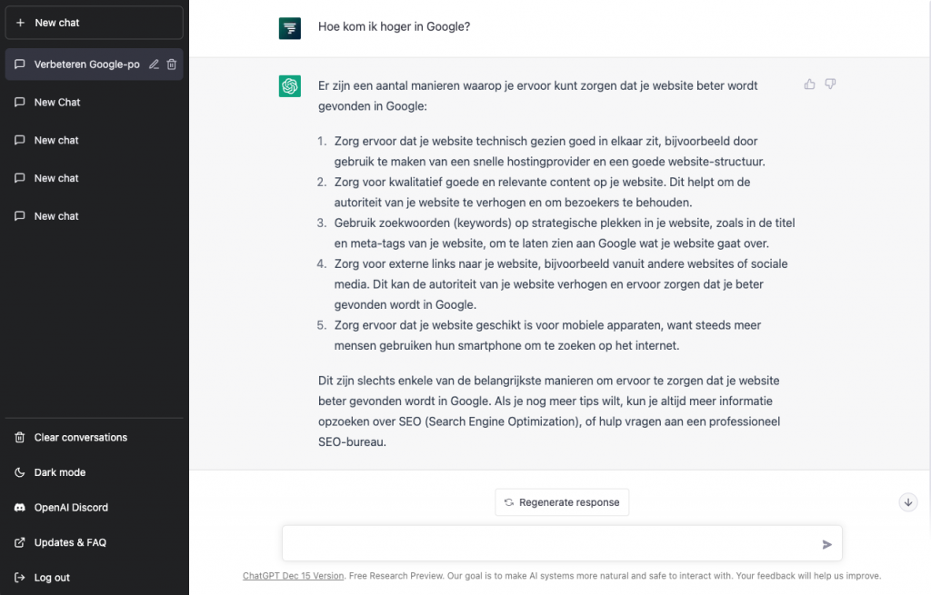 Voorbeeld van een gesprek met ChatGPT
