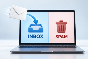 Laptop met een e-mail die naar de inbox gaat in plaats van naar de spam