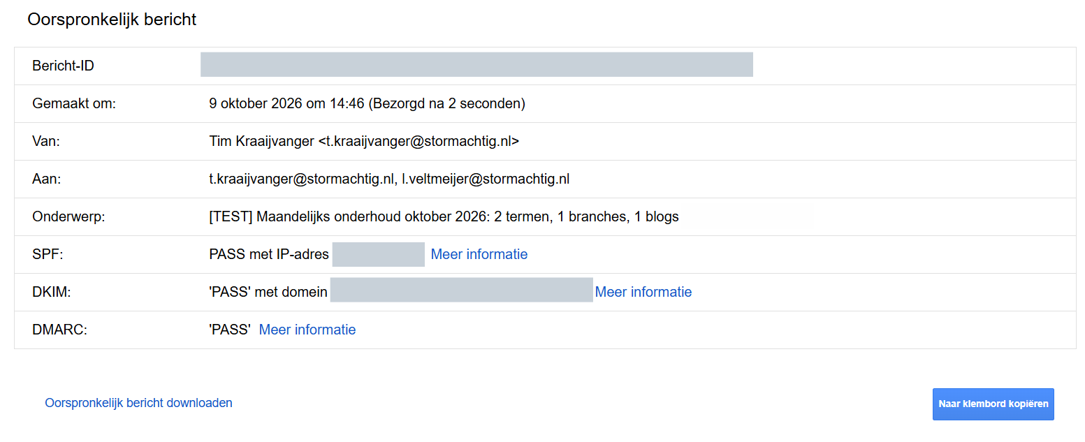 Gmail Origineel weergeven: SPF, DKIM en DMARC staan alle drie op PASS